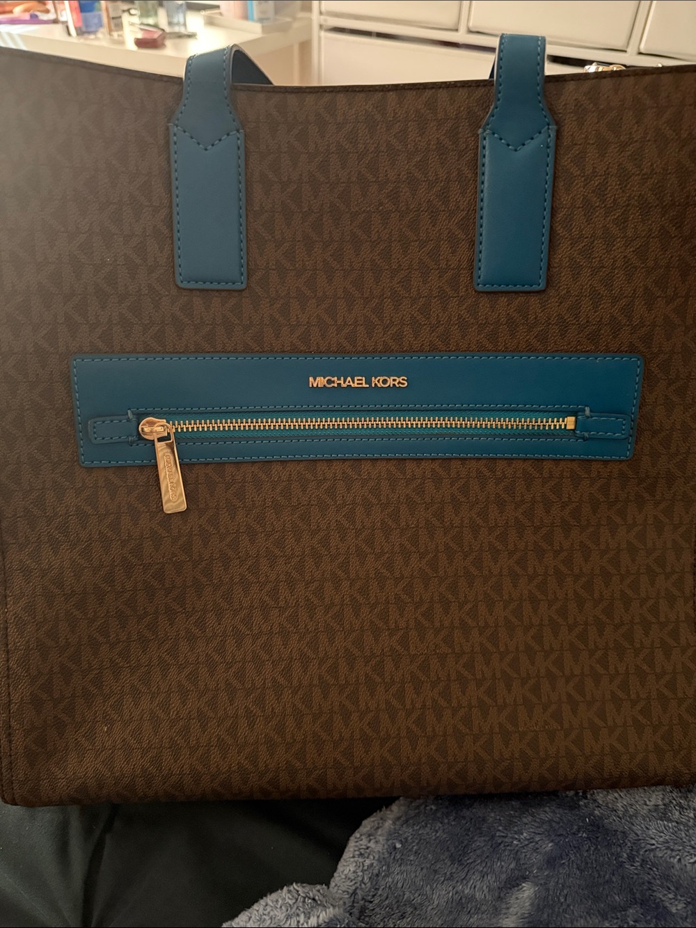 Michael Kors Brown Signature Tote with Blue Trim and Gold Hardware